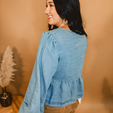 Denim Bow Tie Long Sleeve Top - Blue