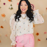 Floral Embroidered Organza Blouse - Ivory