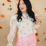 Floral Embroidered Organza Blouse - Ivory