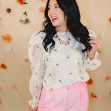 Floral Embroidered Organza Blouse - Ivory