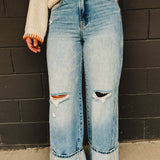 Hidden Cuffed Classic Distressed Wide Leg Jeans - Medium Wash