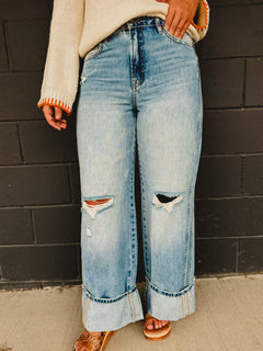 Hidden Cuffed Classic Distressed Wide Leg Jeans - Medium Wash - Lace and Grace Boutique