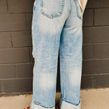 Hidden Cuffed Classic Distressed Wide Leg Jeans - Medium Wash