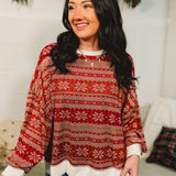 Snowflake Nordic Print Long Sleeve Top - Red/White