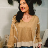 Contrast Trim Raw Hem Hoodie - Camel