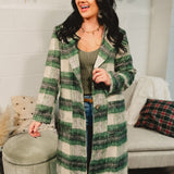 Plaid Longline Duster Coat - Ivory/Green