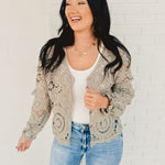 Delicate Crochet Long Sleeve Cardigan - Dove Grey - Lace and Grace Boutique