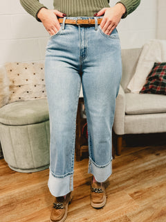 Gabby Super High Rise Cuffed Baggy Straight Jean - Light - Lace and Grace Boutique