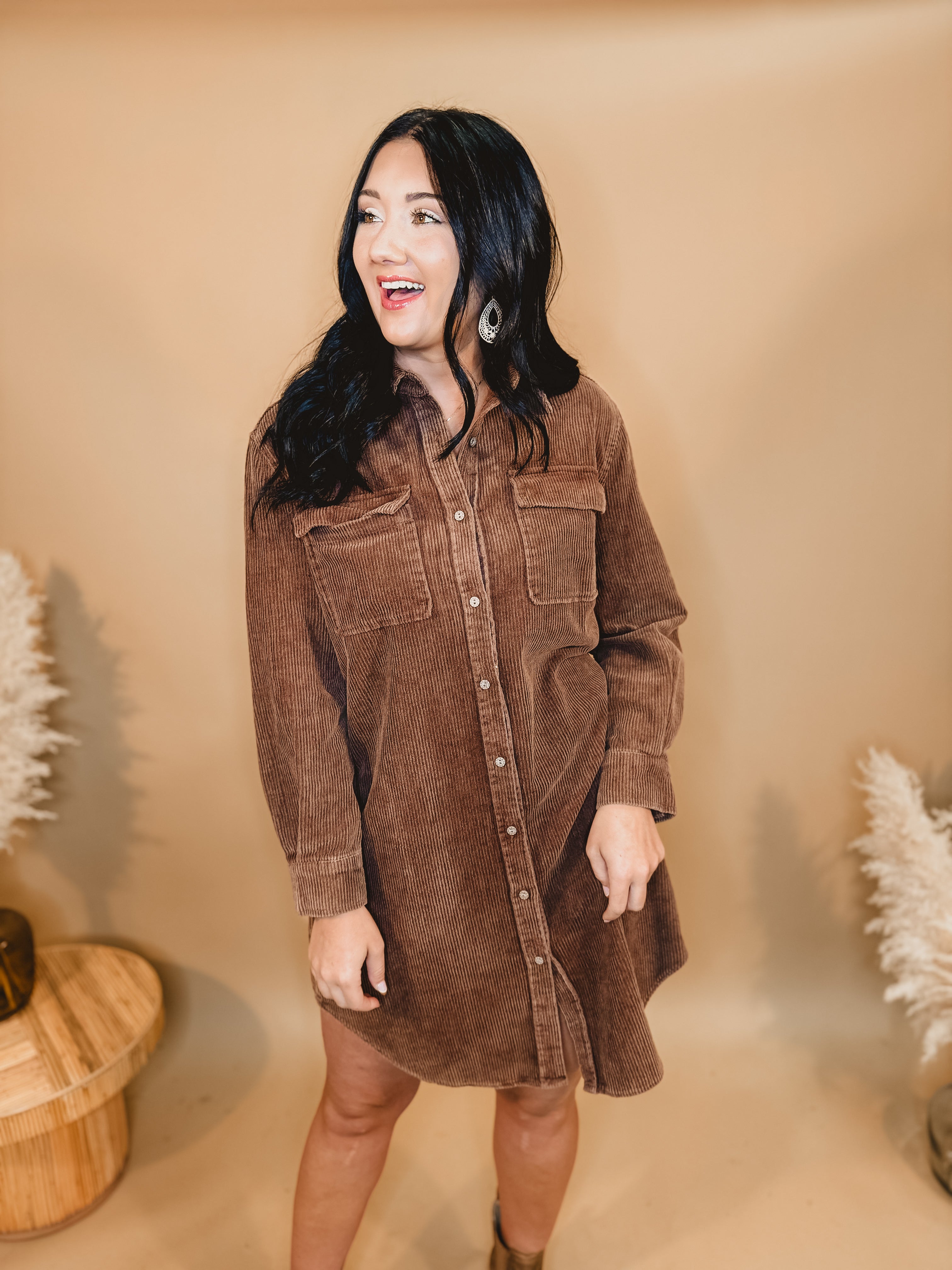 Washed Corduroy Mini Dress - Camel Brown - Lace and Grace Boutique