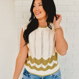 Cable Knit Sleeveless Top - Cream/Sage - Lace and Grace Boutique