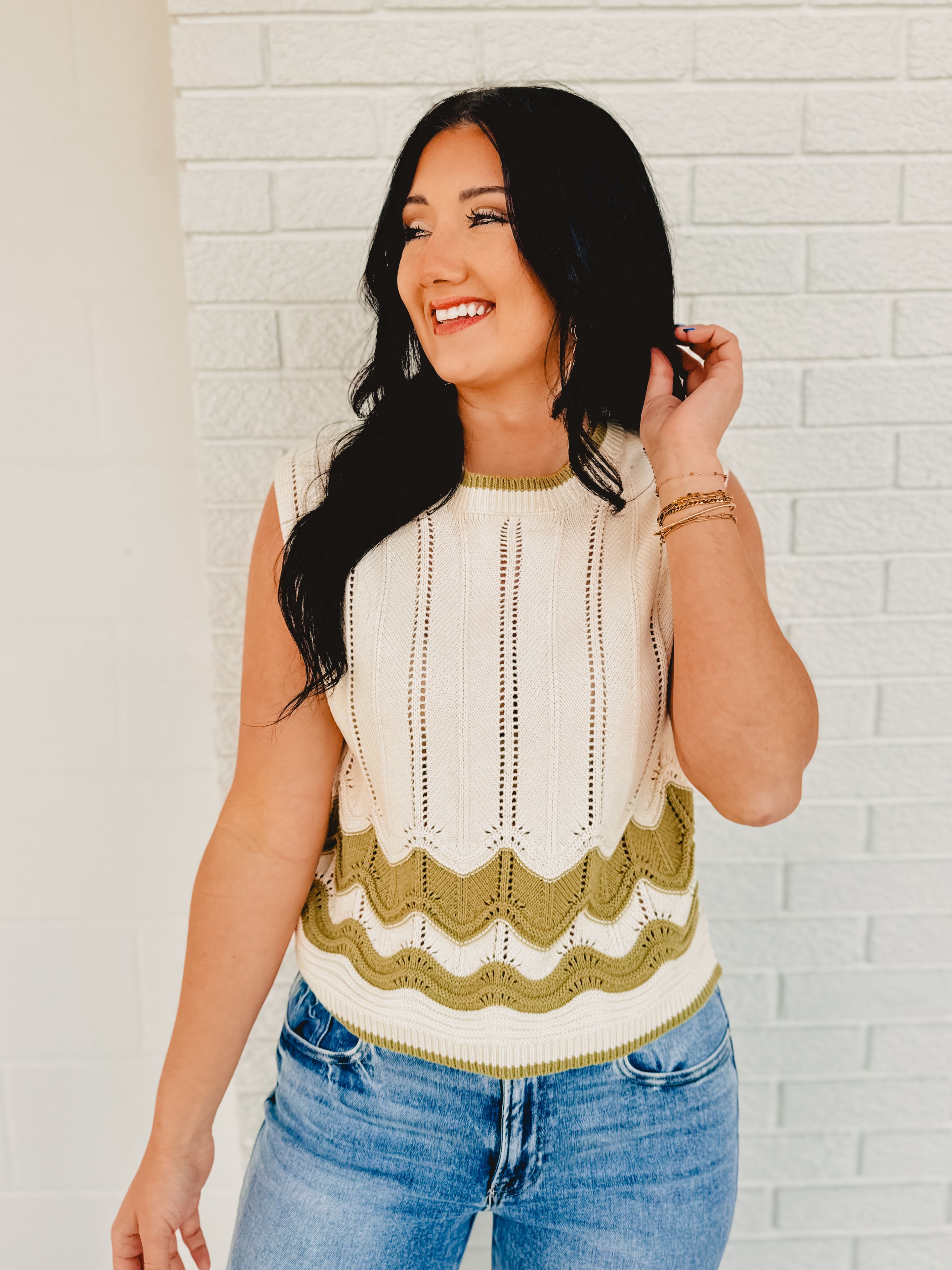 Cable Knit Sleeveless Top - Cream/Sage - Lace and Grace Boutique