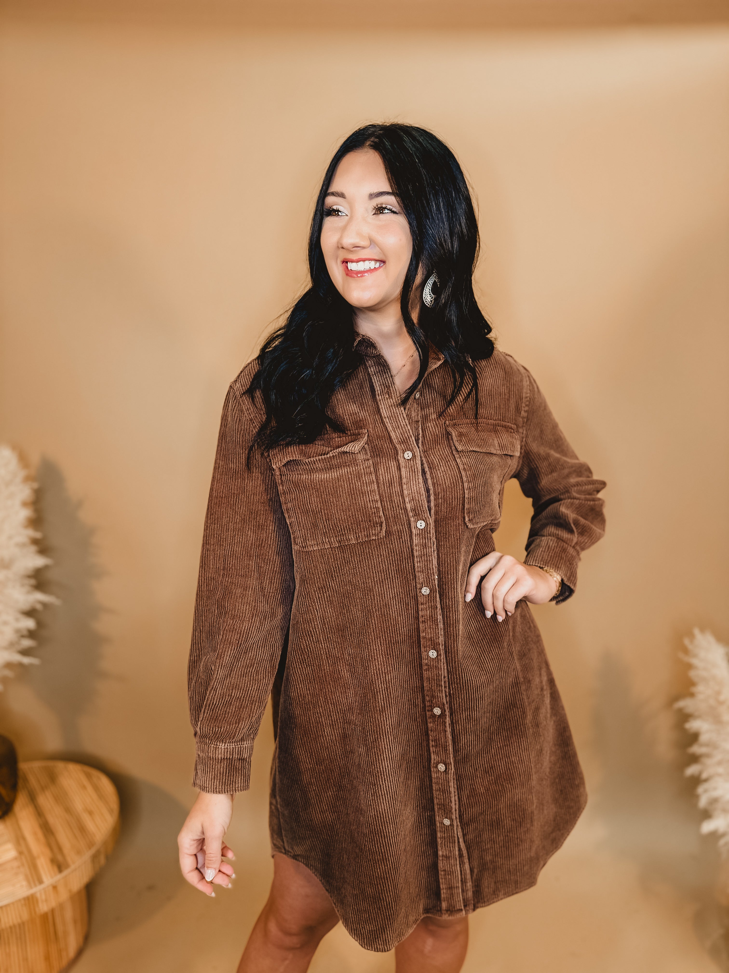 Washed Corduroy Mini Dress - Camel Brown - Lace and Grace Boutique