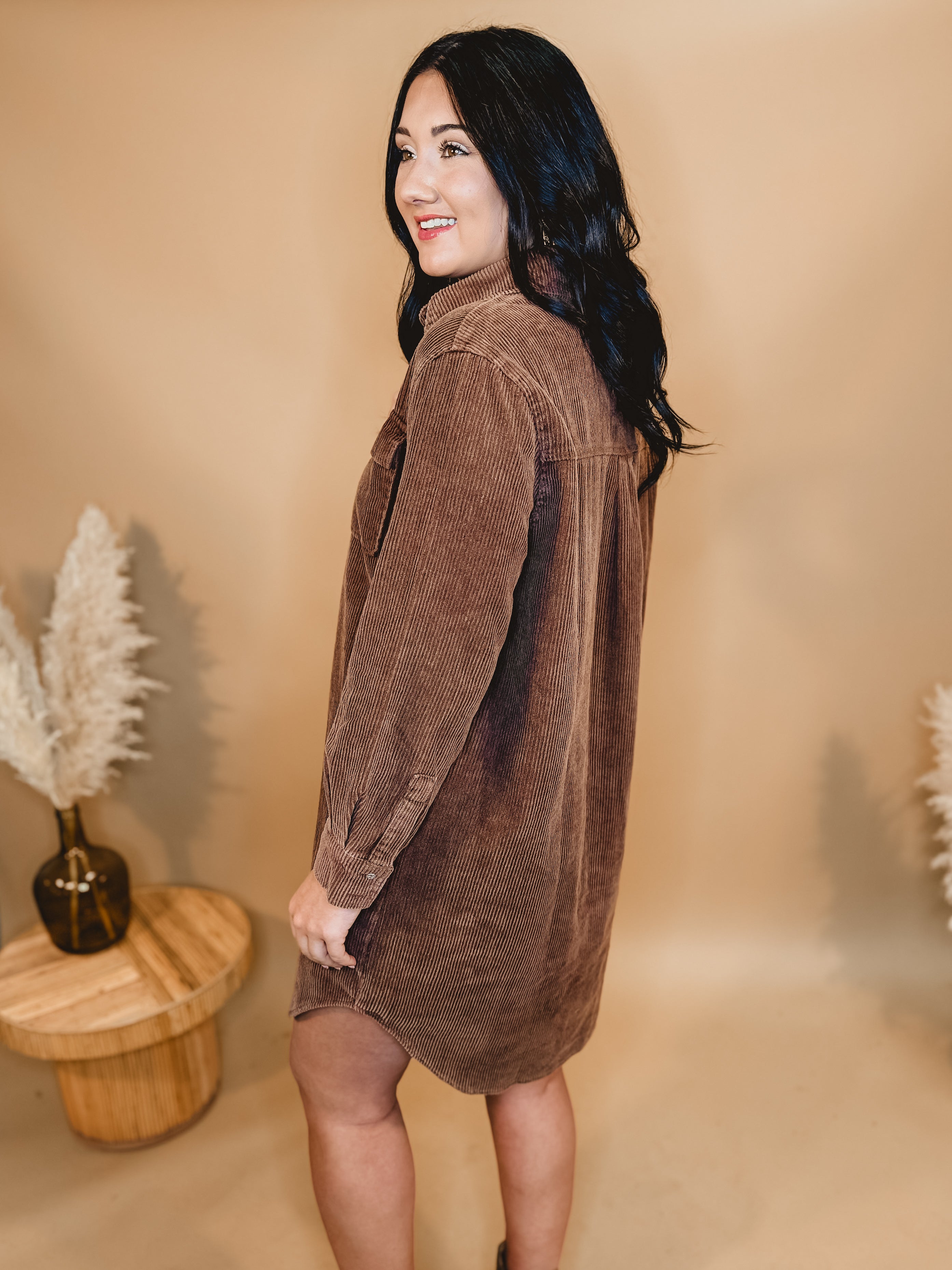 Washed Corduroy Mini Dress - Camel Brown - Lace and Grace Boutique