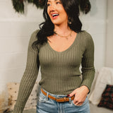 Ribbed Knit Plunging V-Neck Sweater Top - Green