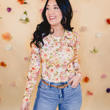 Spring Floral Sheer Mesh Long Sleeve Top - Cream