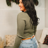 Ribbed Knit Plunging V-Neck Sweater Top - Green