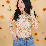 Spring Floral Sheer Mesh Long Sleeve Top - Cream