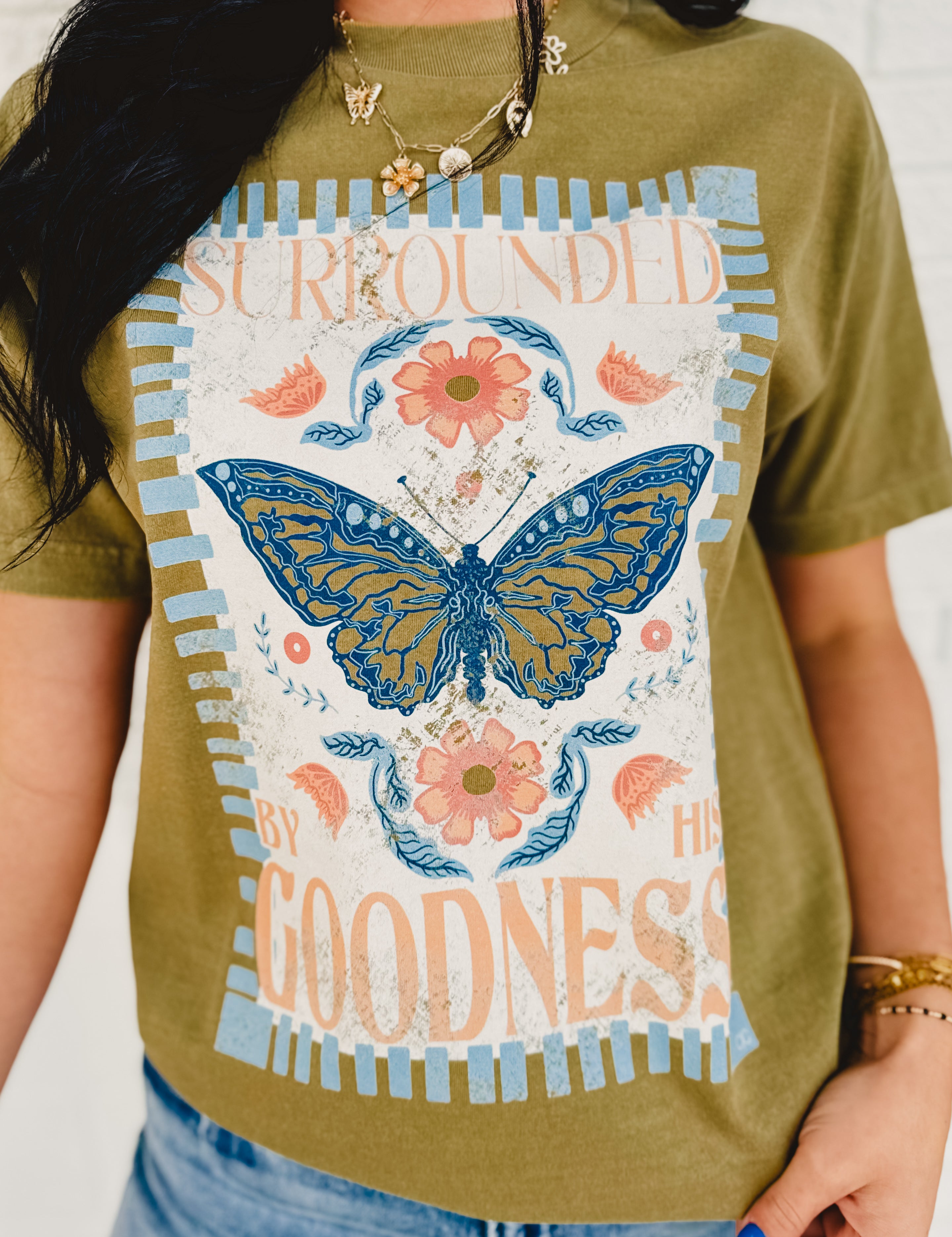Surrounded By His Goodness Graphic Tee - Olive - Lace and Grace Boutique