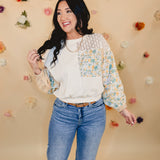 Floral Print Eyelet Patchwork Top - Cream