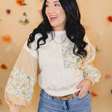 Floral Print Eyelet Patchwork Top - Cream