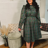 Plaid Mock Neck Long Sleeve Midi Dress - Hunter Green