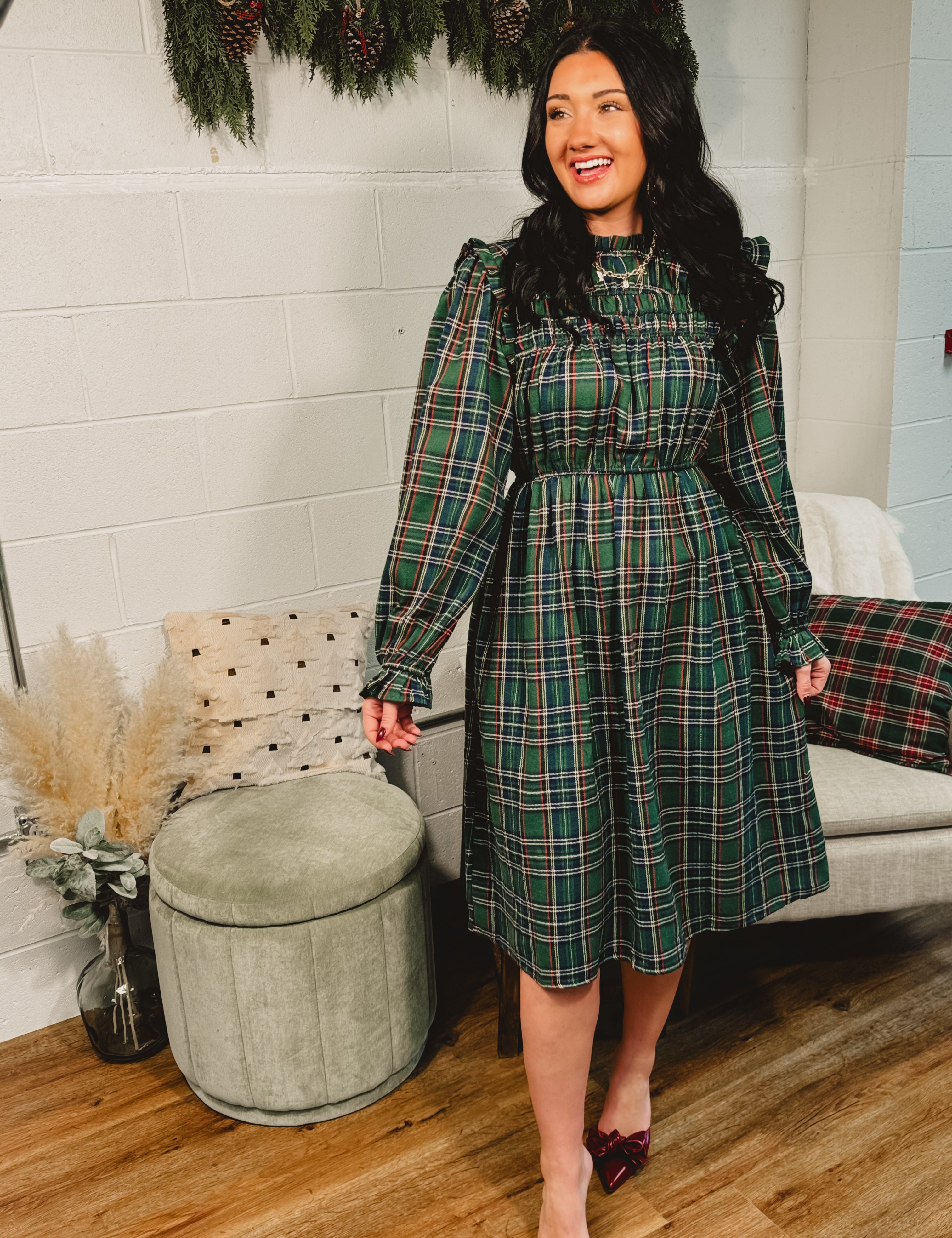 Plaid Mock Neck Long Sleeve Midi Dress - Hunter Green Small Plaid Mock Neck Long Sleeve Midi Dress - Hunter Green Small