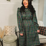 Plaid Mock Neck Long Sleeve Midi Dress - Hunter Green