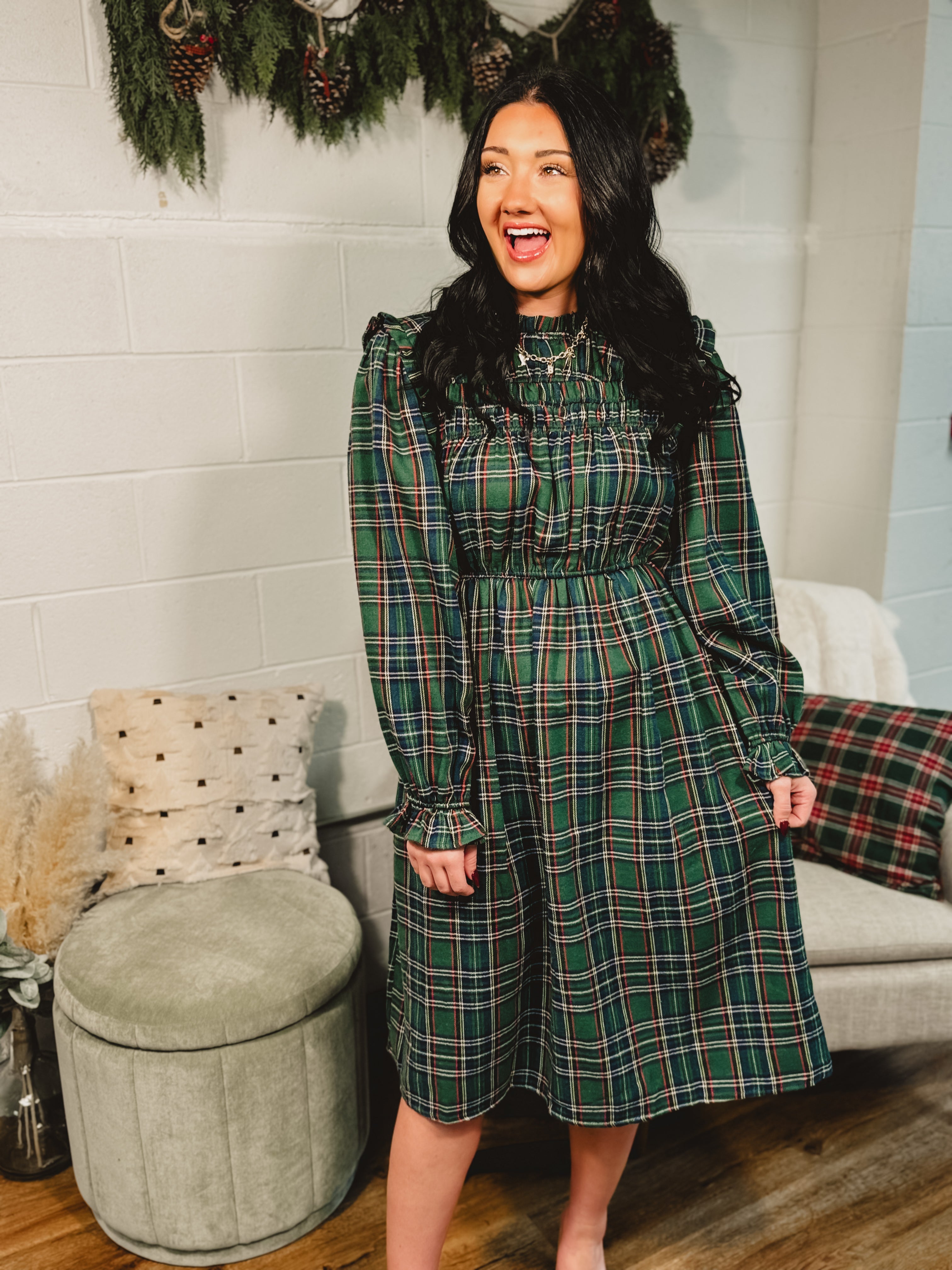 Plaid Mock Neck Long Sleeve Midi Dress - Hunter Green Small Plaid Mock Neck Long Sleeve Midi Dress - Hunter Green Small