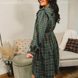 Plaid Mock Neck Long Sleeve Midi Dress - Hunter Green