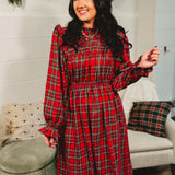 Plaid Mock Neck Long Sleeve Midi Dress - Red