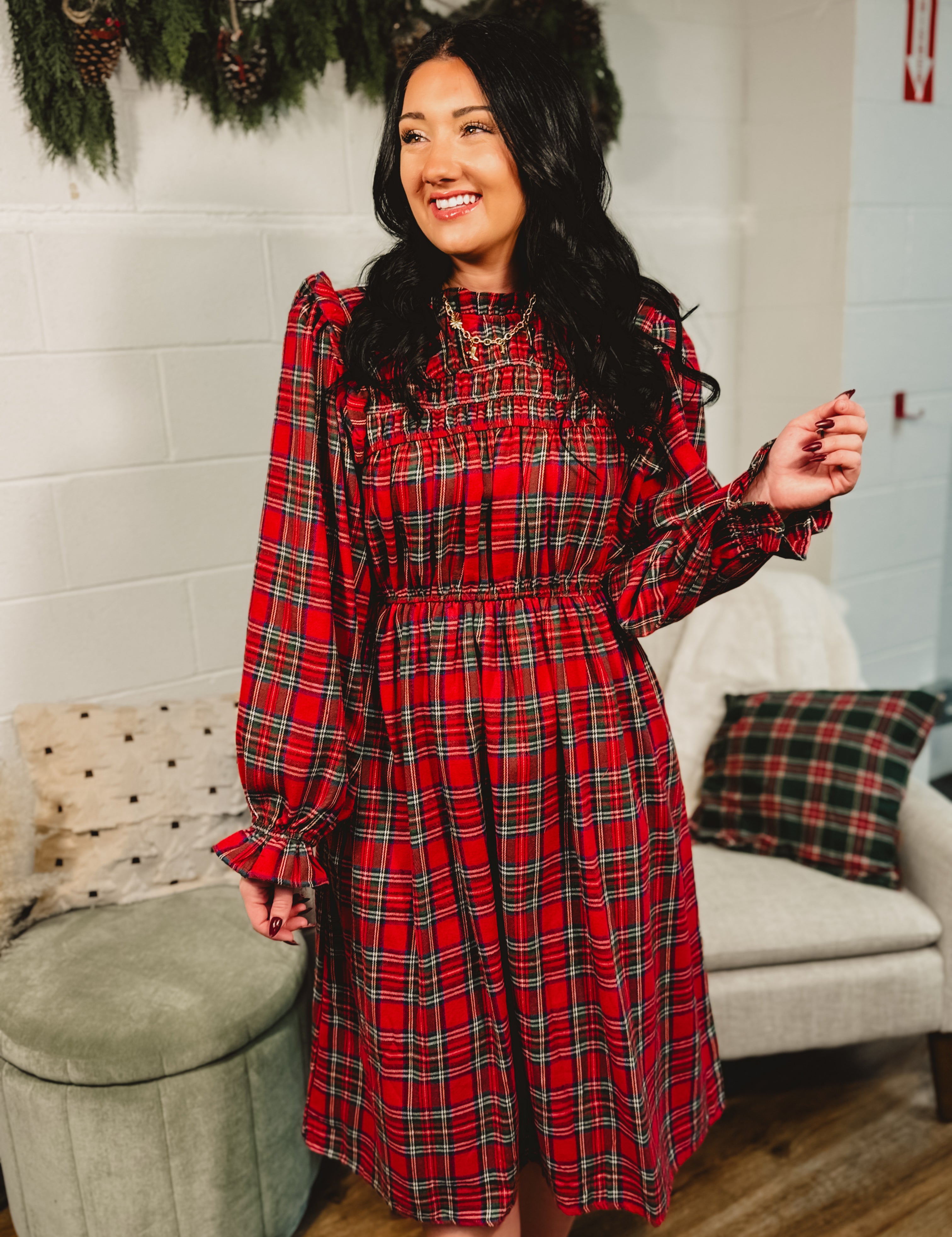 Plaid Mock Neck Long Sleeve Midi Dress - Red Medium Plaid Mock Neck Long Sleeve Midi Dress - Red Medium