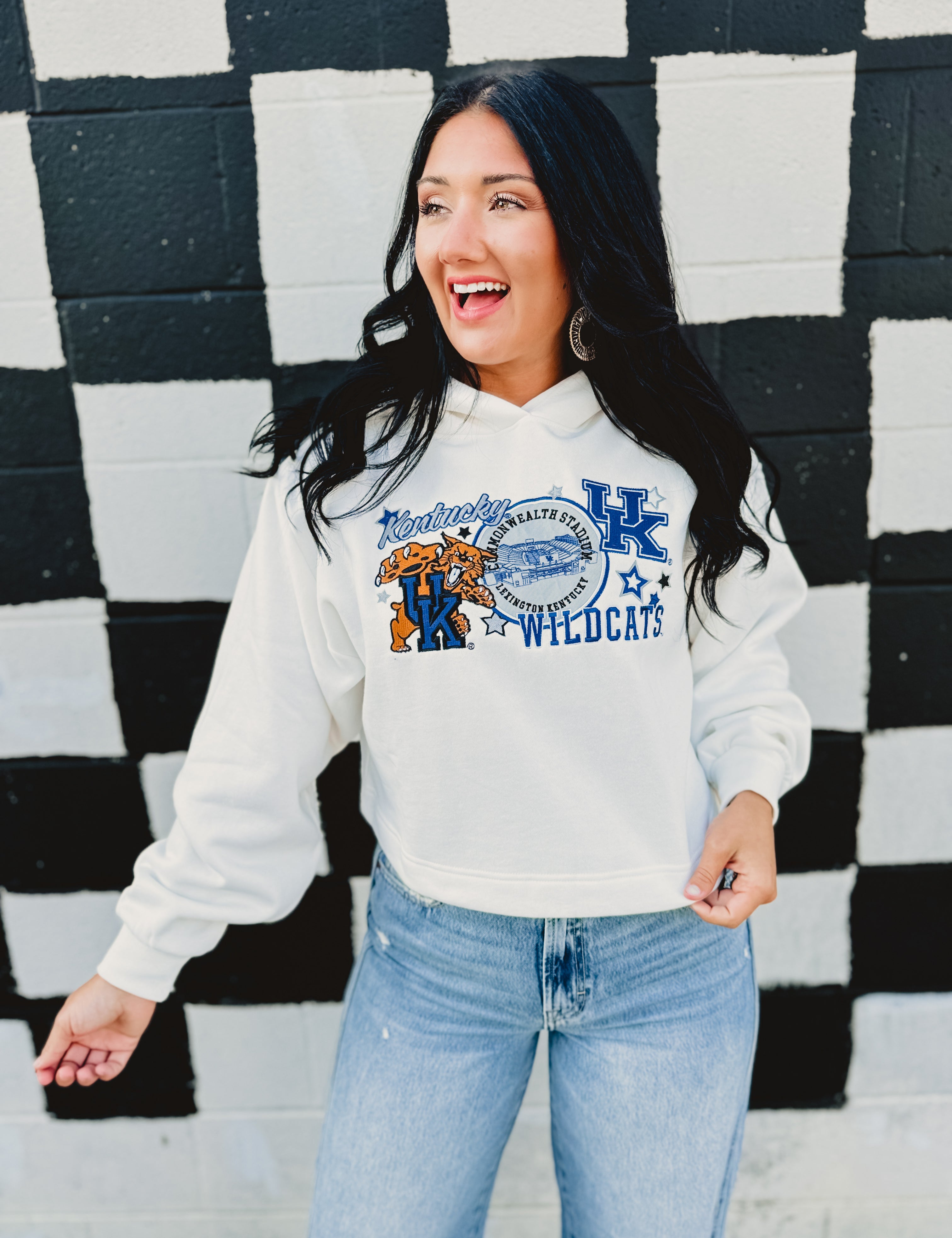Kentucky Layered Patch Cropped Hoodie - White - Lace and Grace Boutique