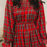 Plaid Mock Neck Long Sleeve Midi Dress - Red