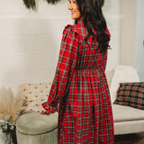 Plaid Mock Neck Long Sleeve Midi Dress - Red