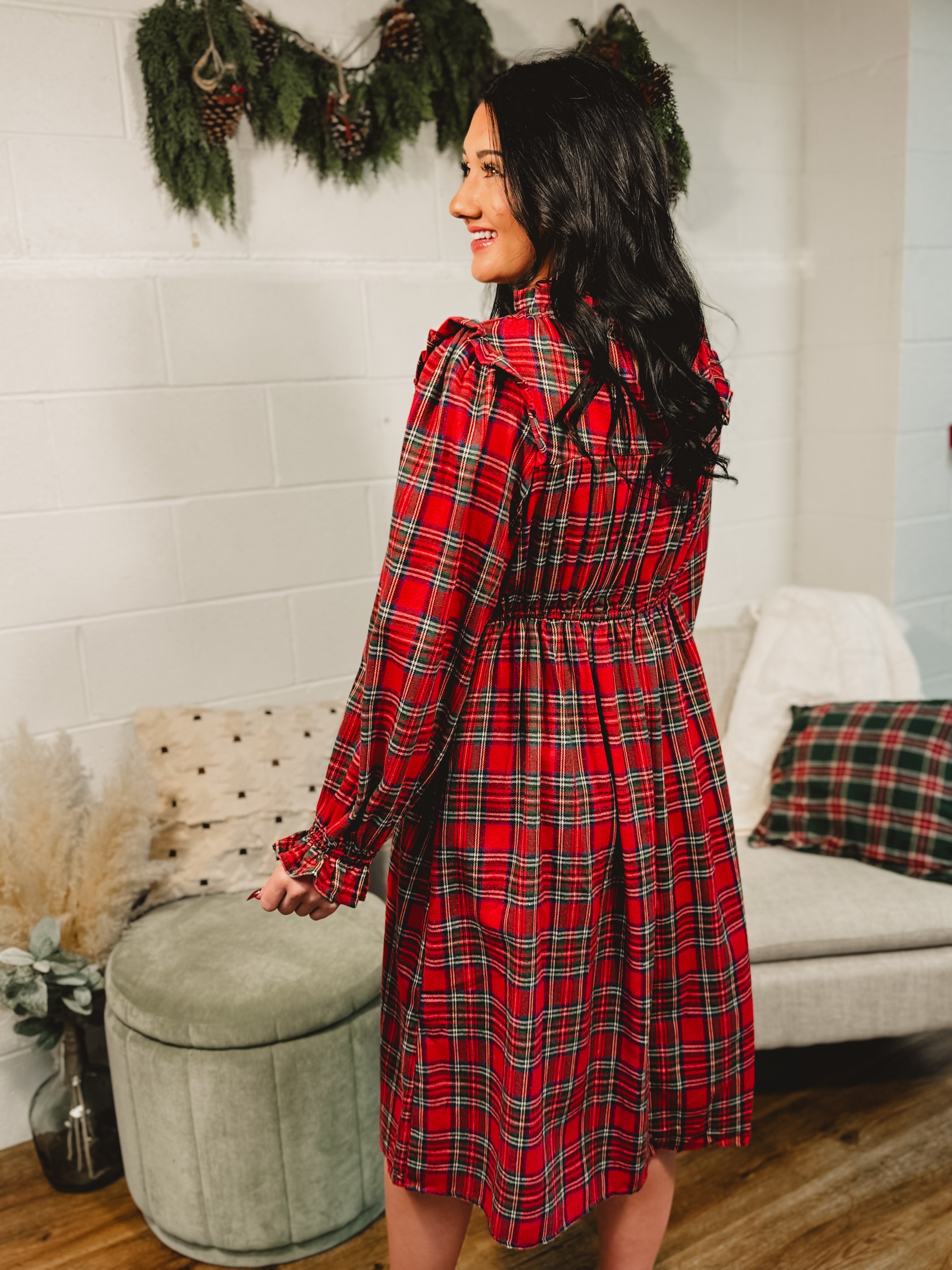 Plaid Mock Neck Long Sleeve Midi Dress - Red Medium Plaid Mock Neck Long Sleeve Midi Dress - Red Medium