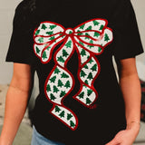 Glitter & Christmas Tree Bow Graphic Tee - Black