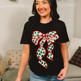 Glitter & Christmas Tree Bow Graphic Tee - Black