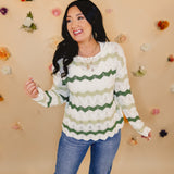 Crochet Wavy Knit Striped Sweater - Ivory/Green