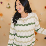 Crochet Wavy Knit Striped Sweater - Ivory/Green