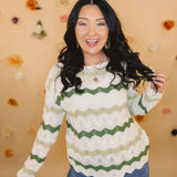 Crochet Wavy Knit Striped Sweater - Ivory/Green