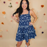 Floral Tiered Mini Dress - Dark Blue