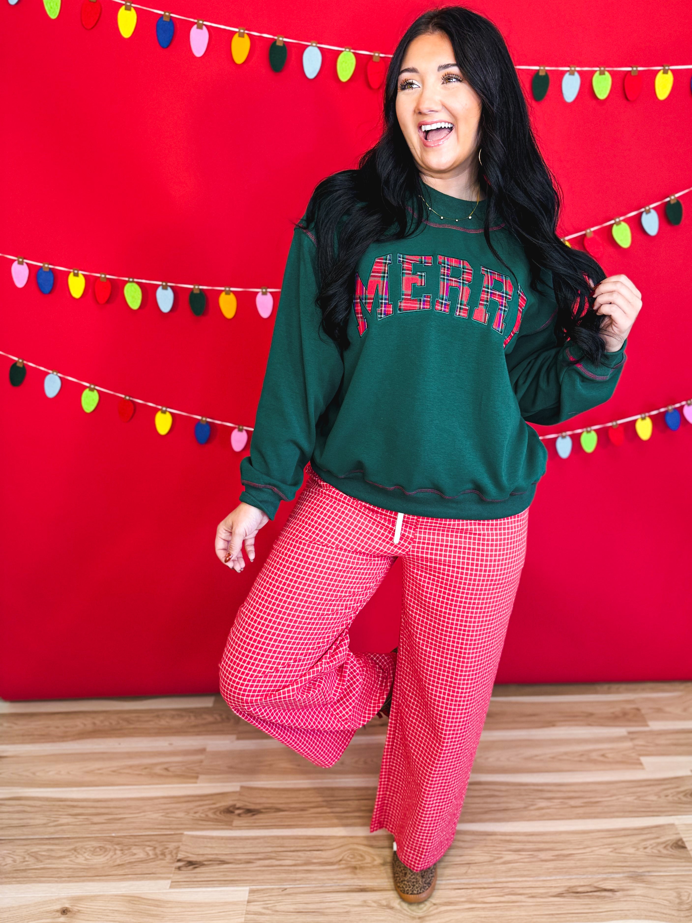 Merry Plaid Patch Contrast Stitch Sweatshirt - Hunter Green - Lace and Grace Boutique