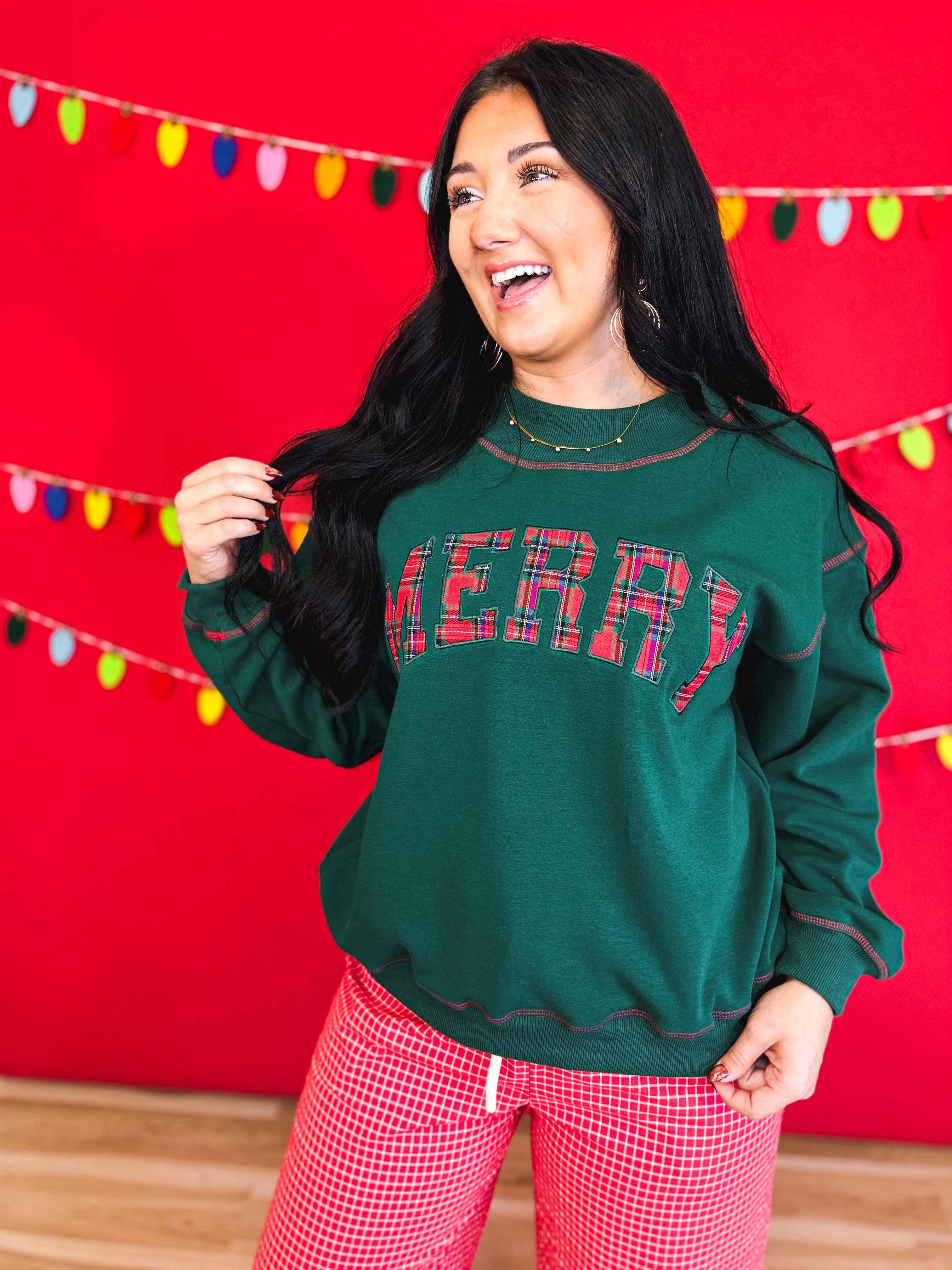 Merry Plaid Patch Contrast Stitch Sweatshirt - Hunter Green - Lace and Grace Boutique