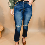 Rainey Distressed Cropped Mid Rise Jean - Dark Wash - Lace and Grace Boutique