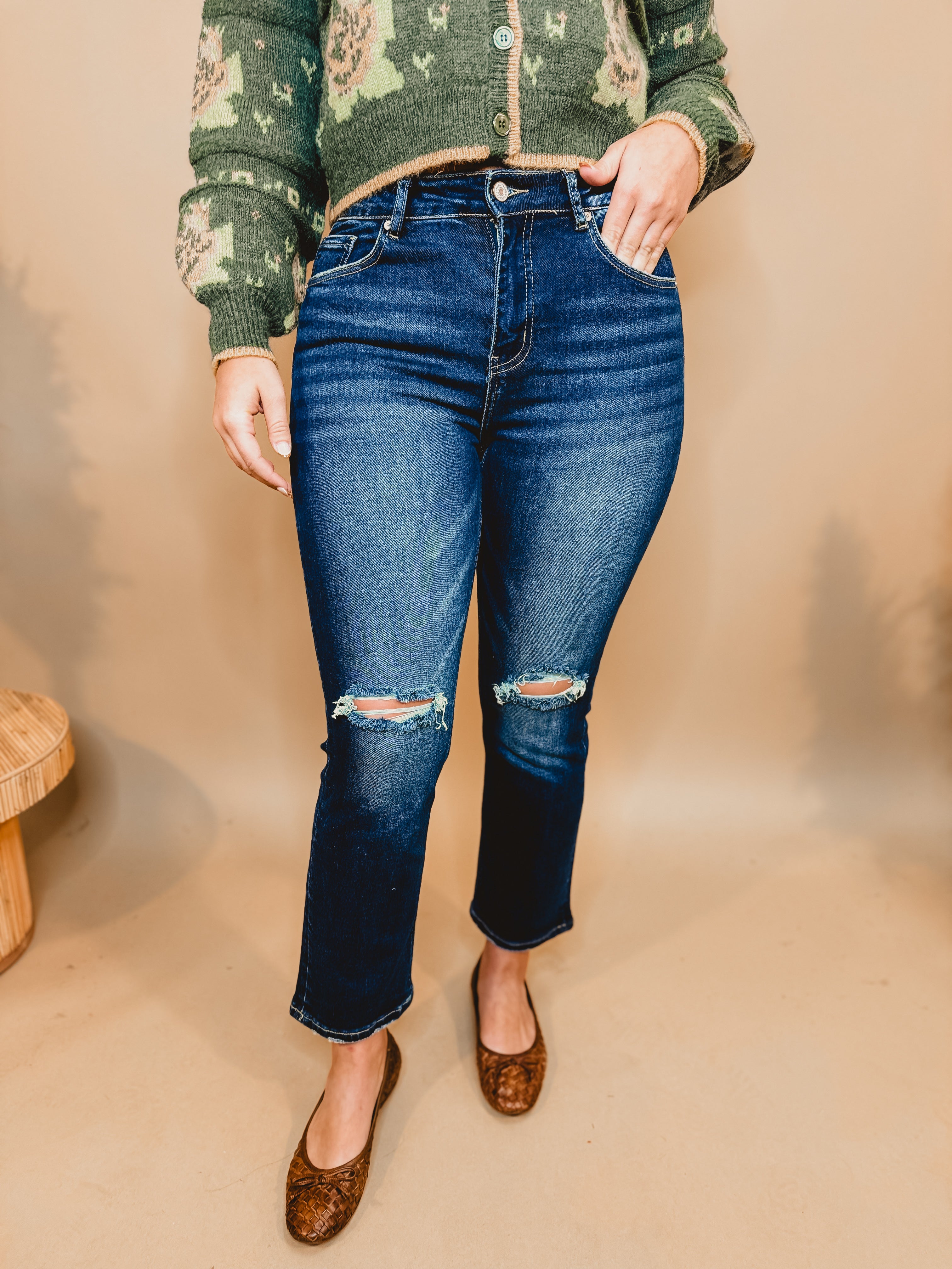 Rainey Distressed Cropped Mid Rise Jean - Dark Wash - Lace and Grace Boutique