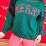 Merry Plaid Patch Contrast Stitch Sweatshirt - Hunter Green - Lace and Grace Boutique