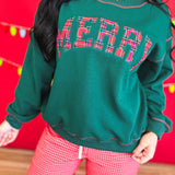 Merry Plaid Patch Contrast Stitch Sweatshirt - Hunter Green - Lace and Grace Boutique