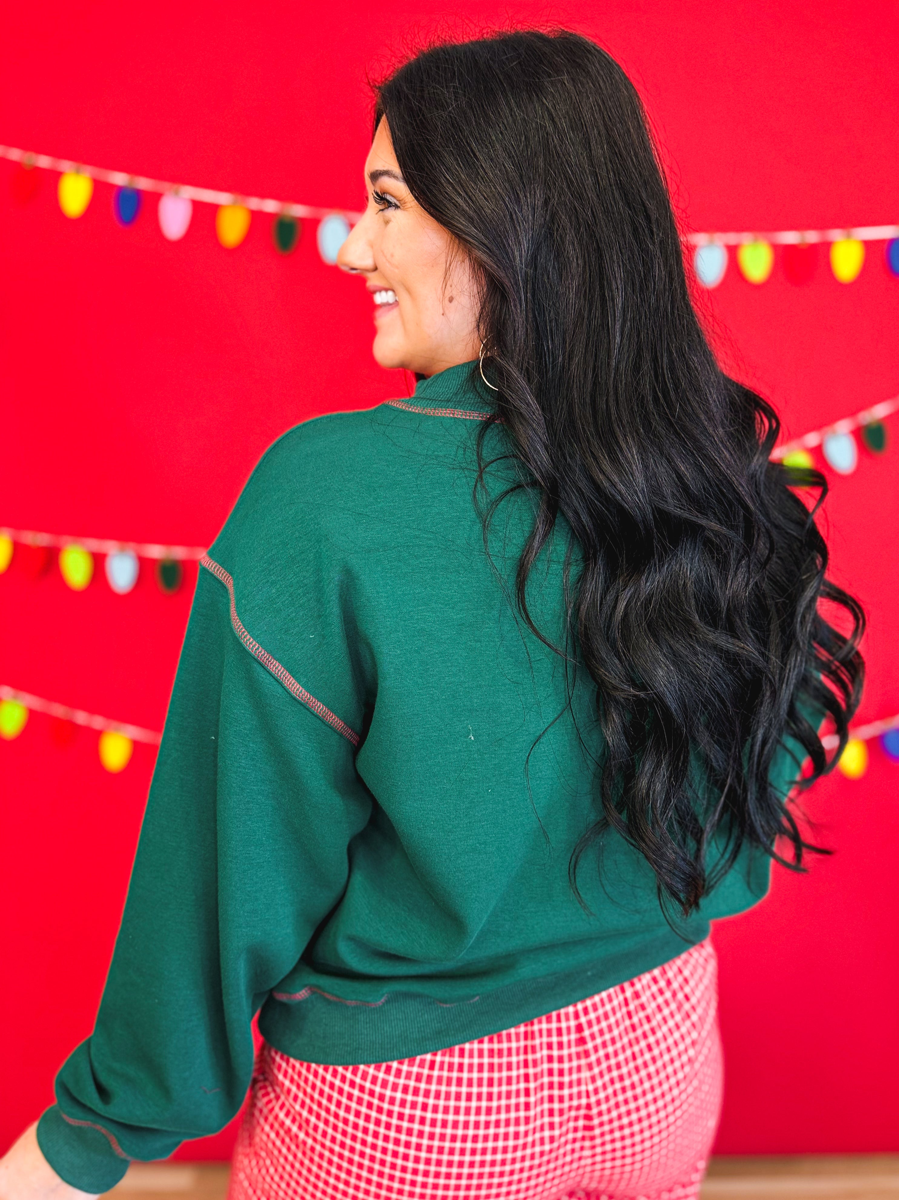Merry Plaid Patch Contrast Stitch Sweatshirt - Hunter Green - Lace and Grace Boutique