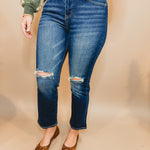 Rainey Distressed Cropped Mid Rise Jean - Dark Wash - Lace and Grace Boutique