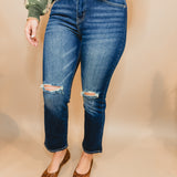 Rainey Distressed Cropped Mid Rise Jean - Dark Wash - Lace and Grace Boutique